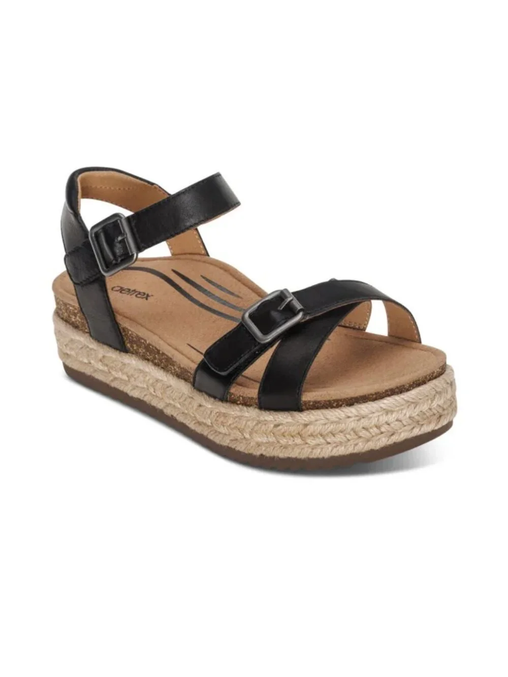 Aetrex Paula Espadrille Platform Sandals Size 7 Black Leather NWOB